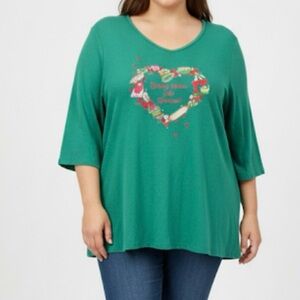 Quacker Factory Green Rhinestone Embroidery Baking Life Sweeter Knit Top Size 1X